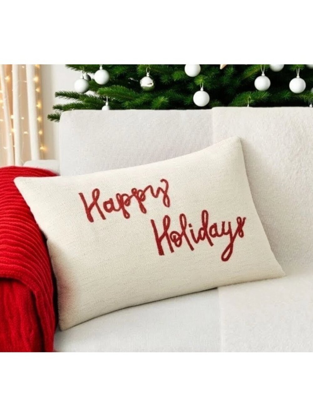 POTTERY BARN Happy Holidays Embroidered Lumbar Pillow Cream Deep Red 16x26